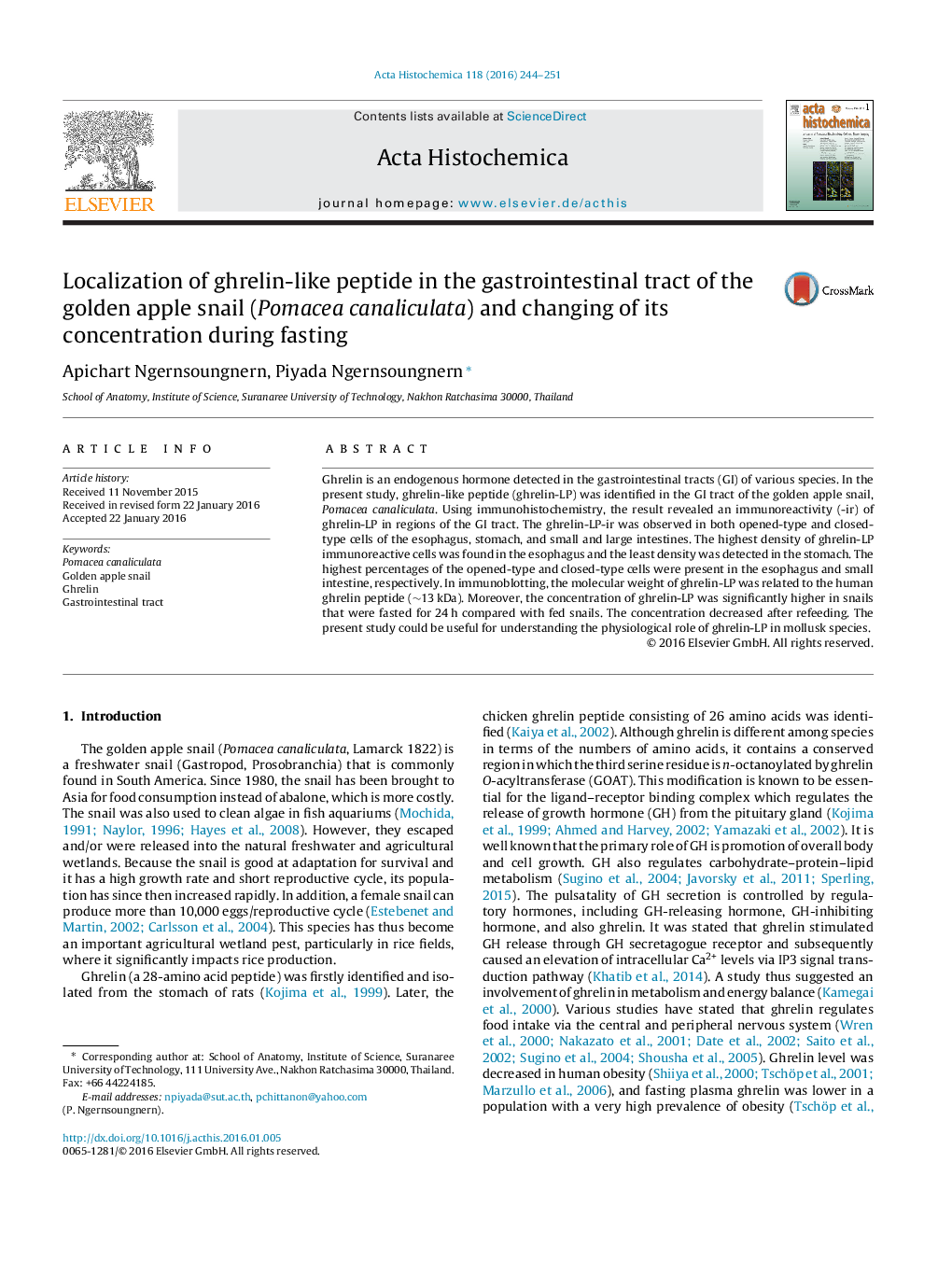 Localization of ghrelin-like peptide in the gastrointestinal tract of the golden apple snail (Pomacea canaliculata) and changing of its concentration during fasting