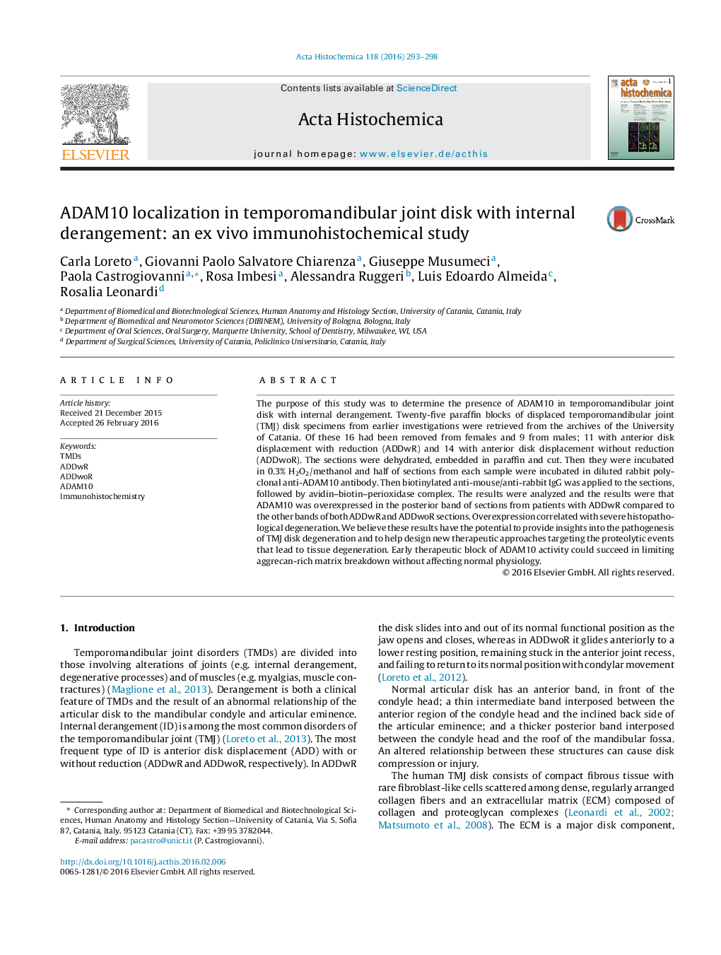 ADAM10 localization in temporomandibular joint disk with internal derangement: an ex vivo immunohistochemical study