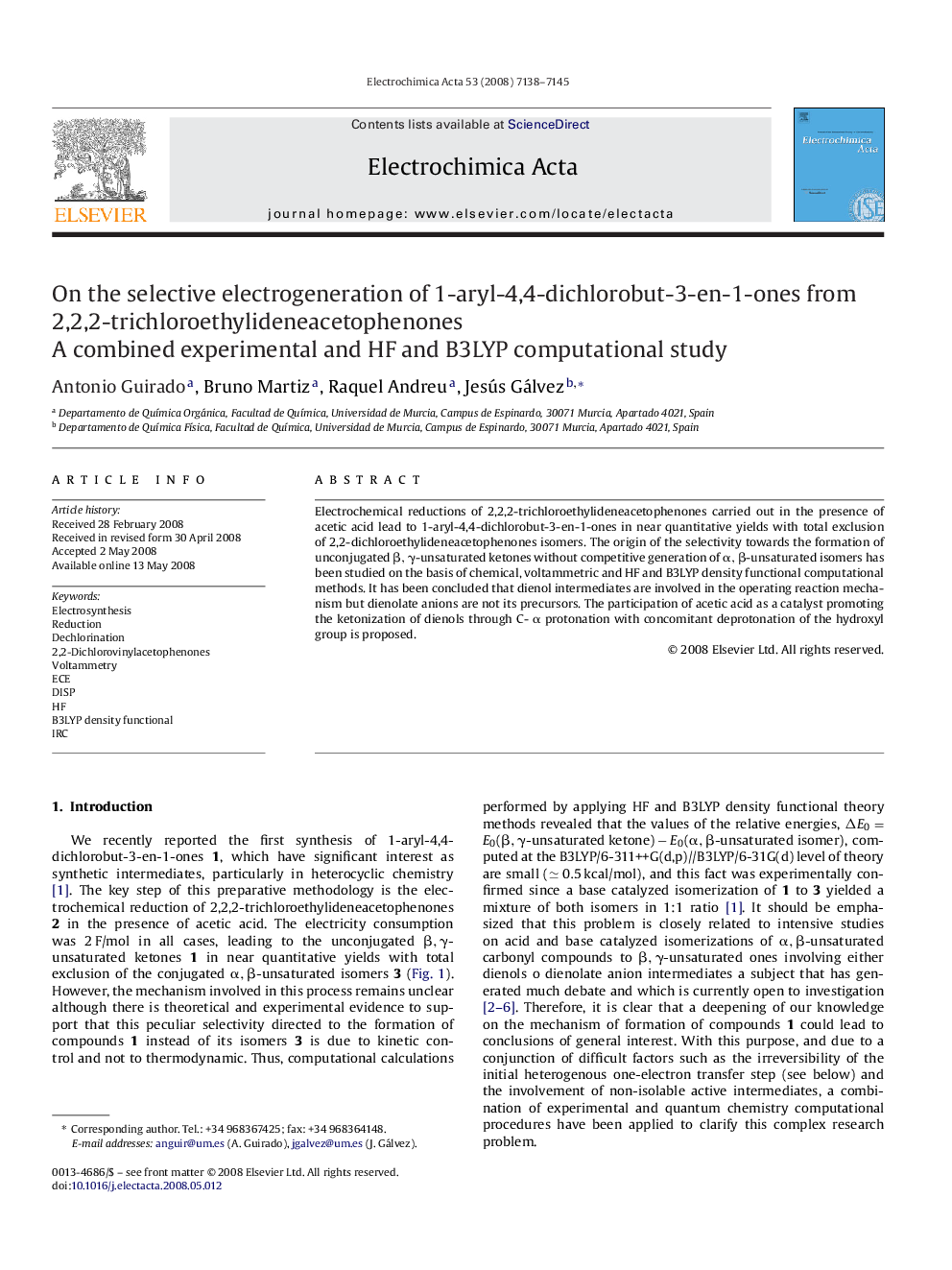 On the selective electrogeneration of 1-aryl-4,4-dichlorobut-3-en-1-ones from 2,2,2-trichloroethylideneacetophenones: A combined experimental and HF and B3LYP computational study