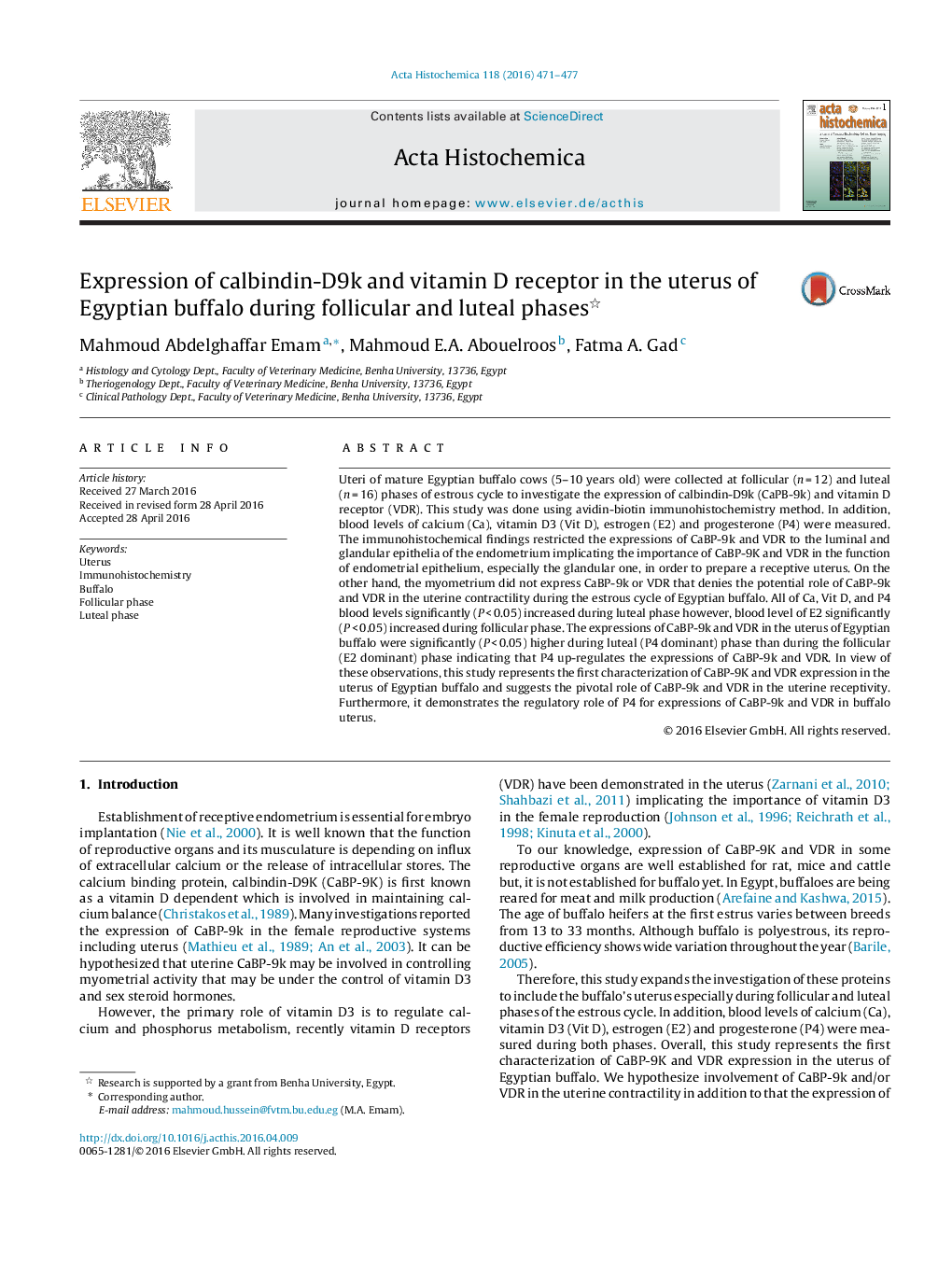 Expression of calbindin-D9k and vitamin D receptor in the uterus of Egyptian buffalo during follicular and luteal phases 