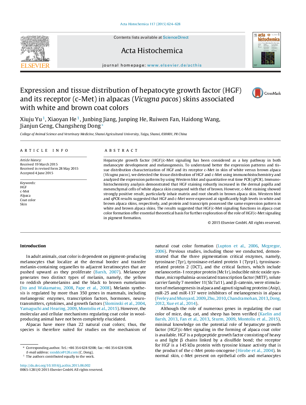 Expression and tissue distribution of hepatocyte growth factor (HGF) and its receptor (c-Met) in alpacas (Vicugna pacos) skins associated with white and brown coat colors