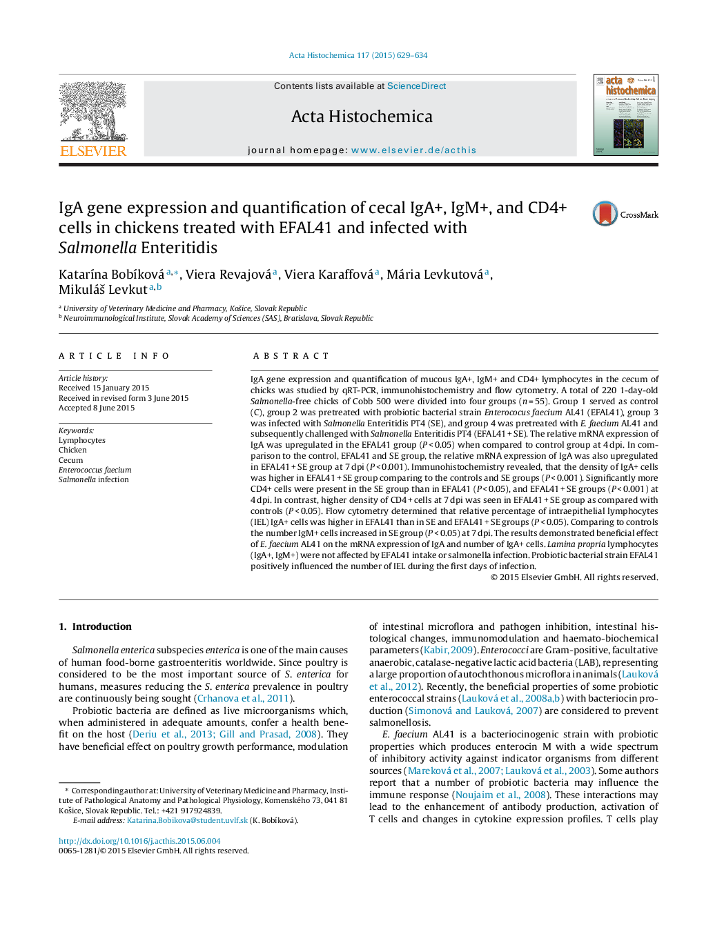 IgA gene expression and quantification of cecal IgA+, IgM+, and CD4+ cells in chickens treated with EFAL41 and infected with Salmonella Enteritidis