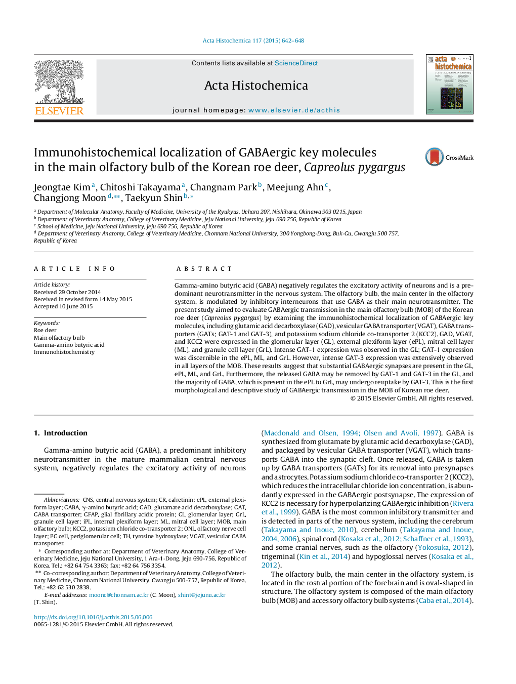 Immunohistochemical localization of GABAergic key molecules in the main olfactory bulb of the Korean roe deer, Capreolus pygargus