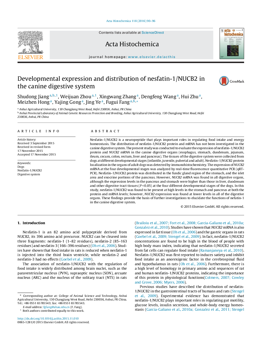 Developmental expression and distribution of nesfatin-1/NUCB2 in the canine digestive system