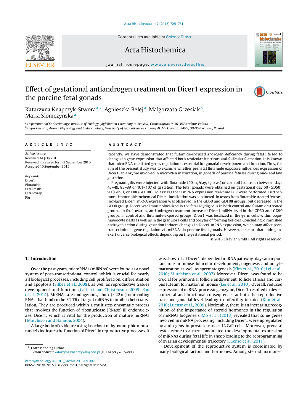 Effect of gestational antiandrogen treatment on Dicer1 expression in the porcine fetal gonads