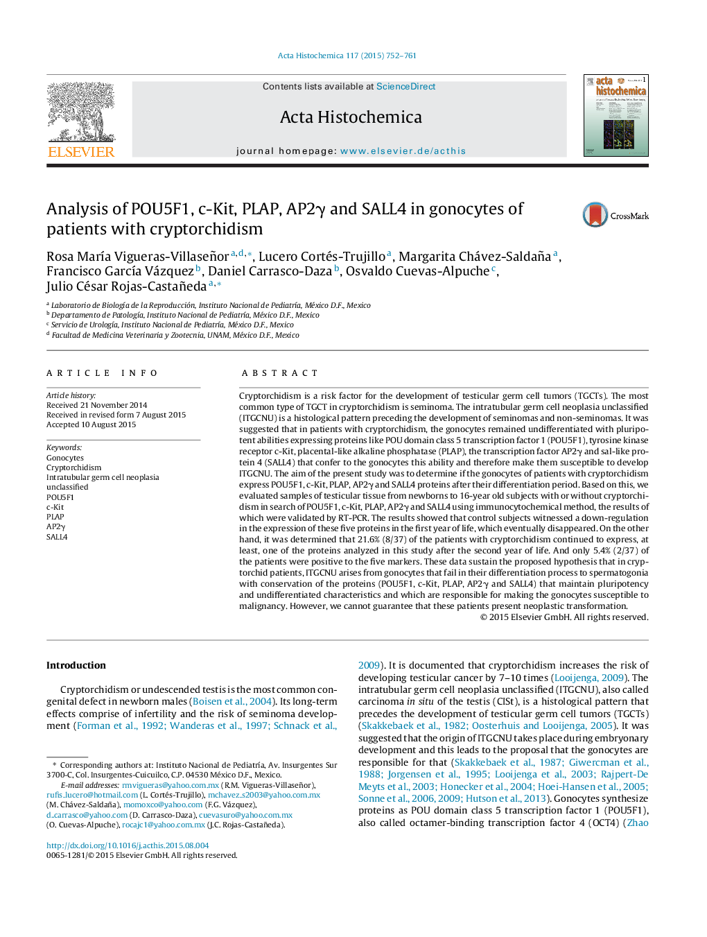 Analysis of POU5F1, c-Kit, PLAP, AP2γ and SALL4 in gonocytes of patients with cryptorchidism