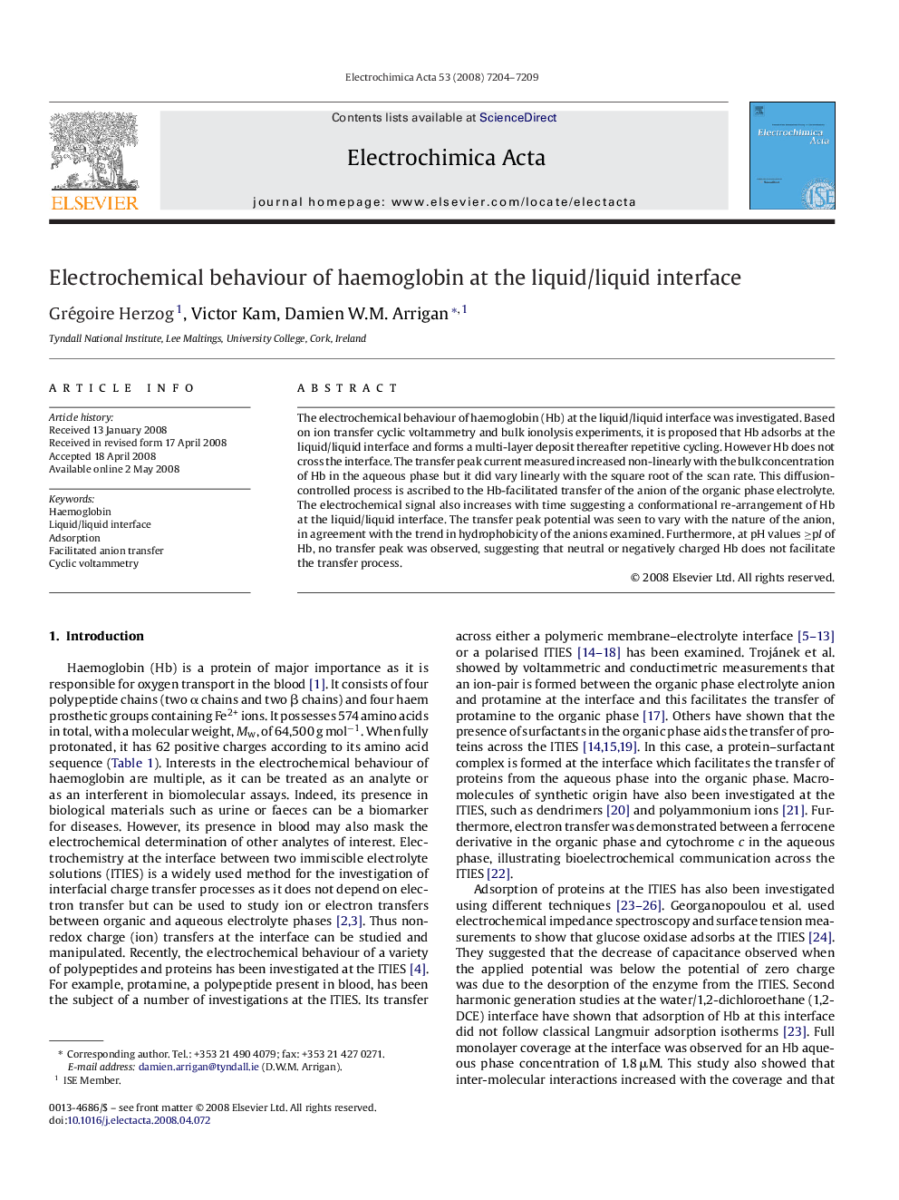 Electrochemical behaviour of haemoglobin at the liquid/liquid interface