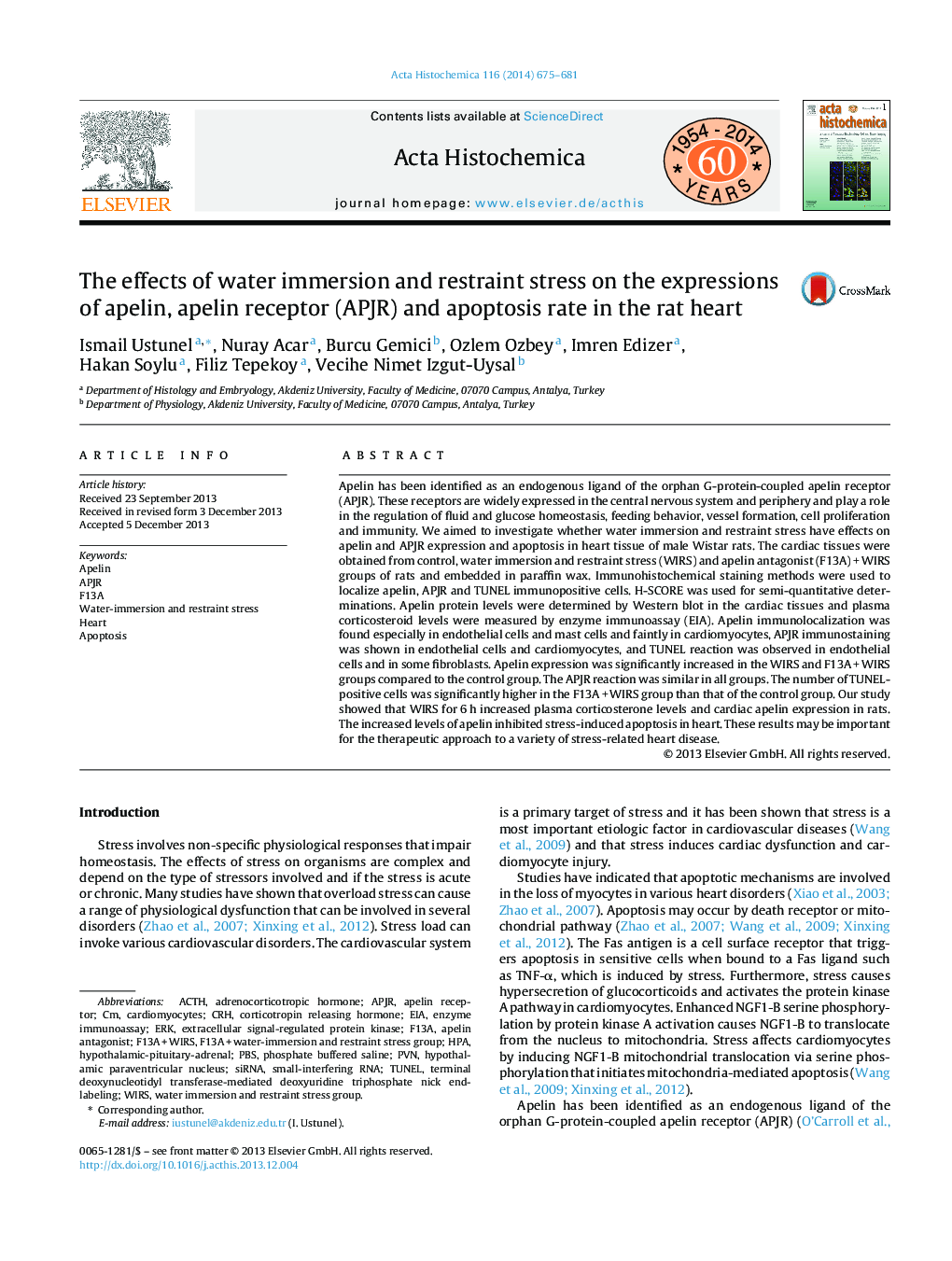 The effects of water immersion and restraint stress on the expressions of apelin, apelin receptor (APJR) and apoptosis rate in the rat heart