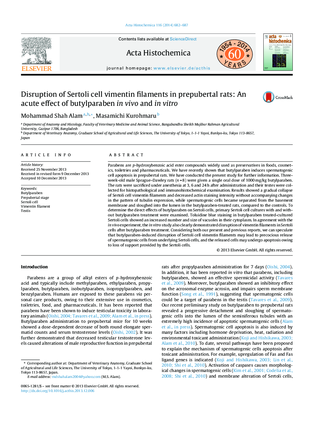 Disruption of Sertoli cell vimentin filaments in prepubertal rats: An acute effect of butylparaben in vivo and in vitro