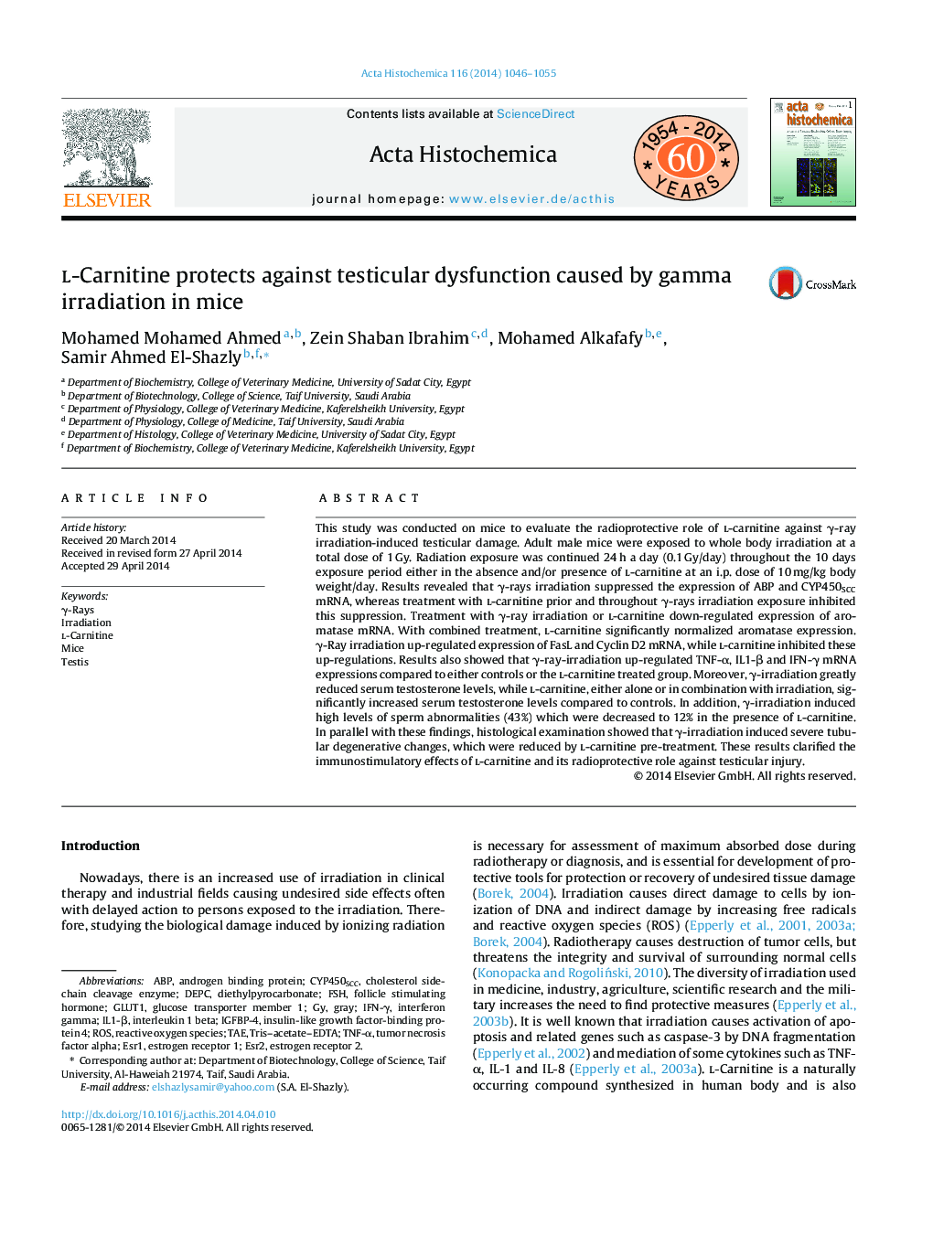 l-Carnitine protects against testicular dysfunction caused by gamma irradiation in mice