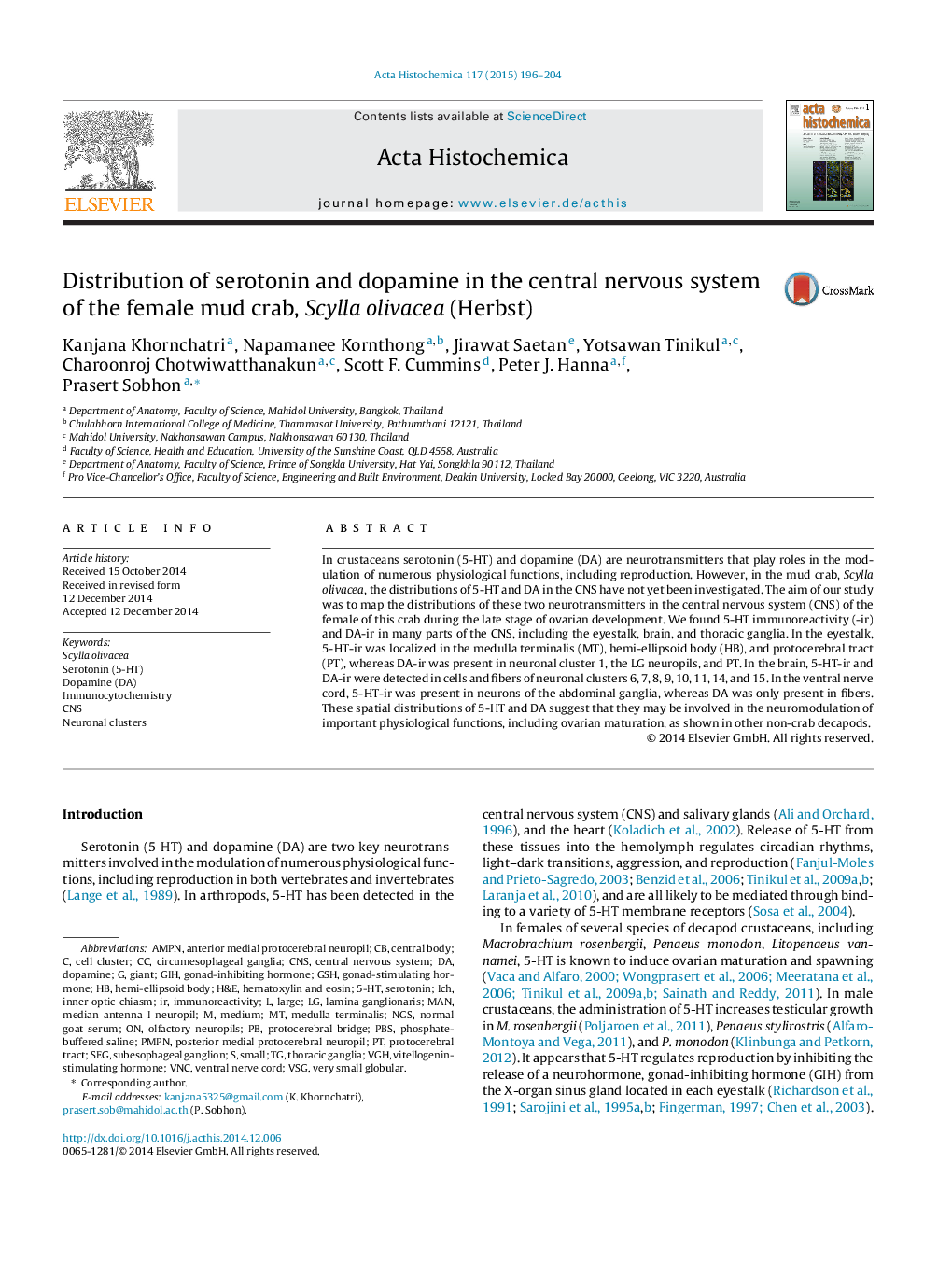 Distribution of serotonin and dopamine in the central nervous system of the female mud crab, Scylla olivacea (Herbst)