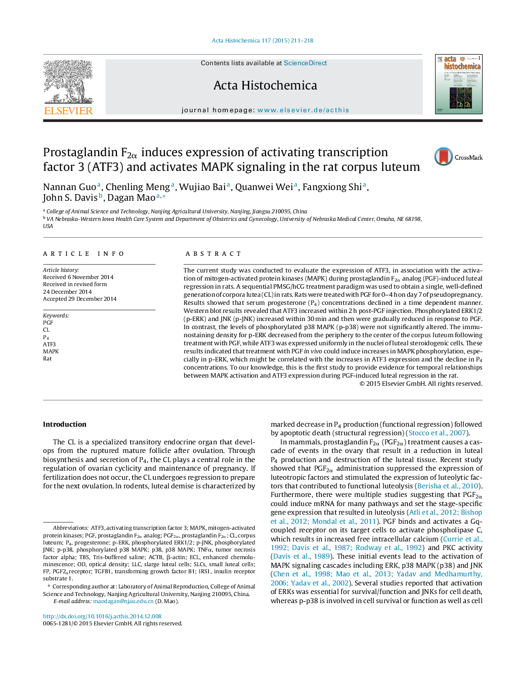 Prostaglandin F2α induces expression of activating transcription factor 3 (ATF3) and activates MAPK signaling in the rat corpus luteum