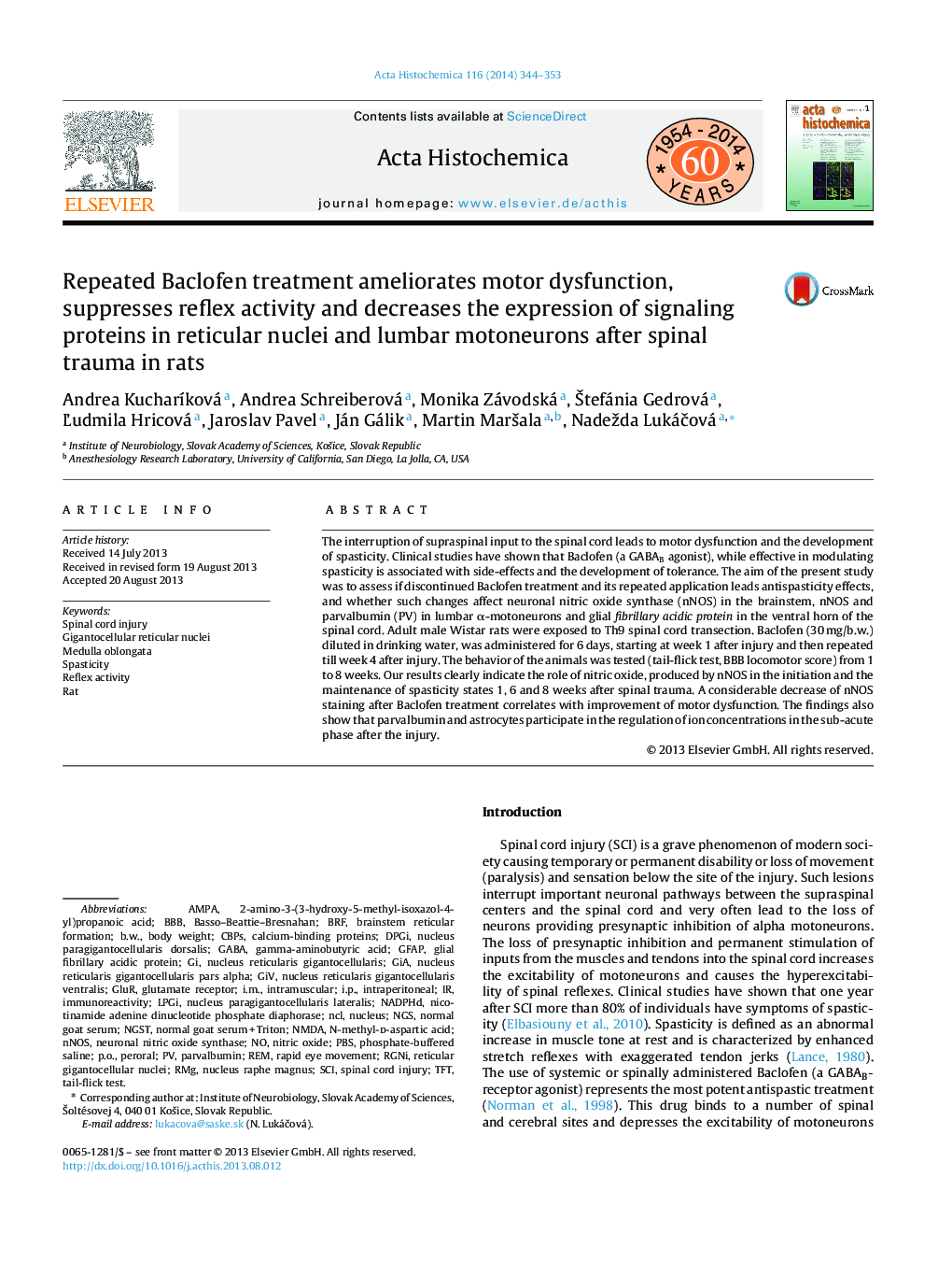 Repeated Baclofen treatment ameliorates motor dysfunction, suppresses reflex activity and decreases the expression of signaling proteins in reticular nuclei and lumbar motoneurons after spinal trauma in rats