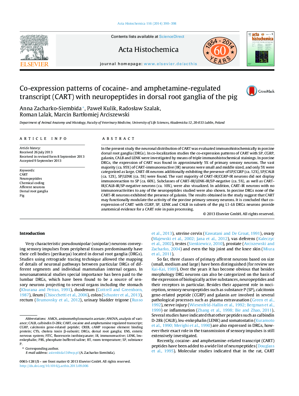 Co-expression patterns of cocaine- and amphetamine-regulated transcript (CART) with neuropeptides in dorsal root ganglia of the pig