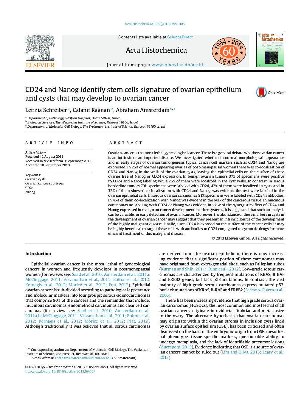 CD24 and Nanog identify stem cells signature of ovarian epithelium and cysts that may develop to ovarian cancer