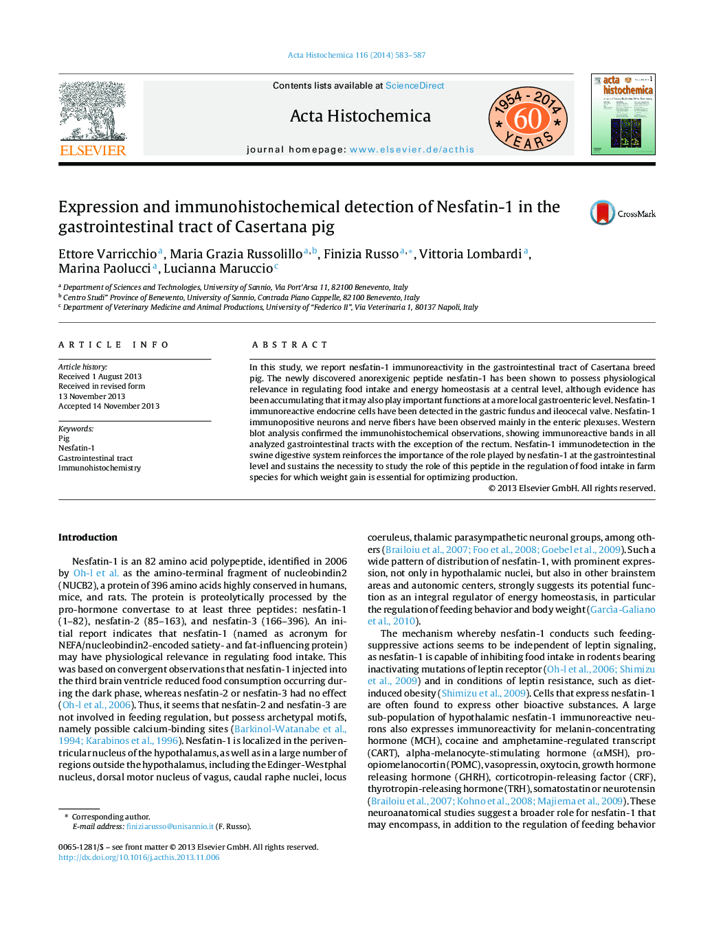 Expression and immunohistochemical detection of Nesfatin-1 in the gastrointestinal tract of Casertana pig