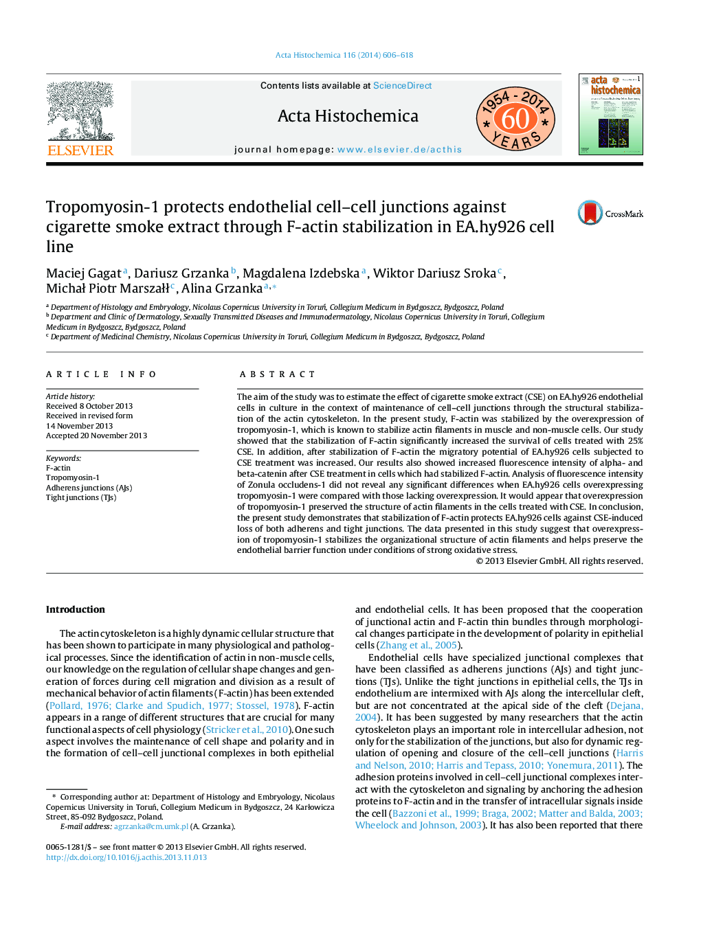 Tropomyosin-1 protects endothelial cell–cell junctions against cigarette smoke extract through F-actin stabilization in EA.hy926 cell line