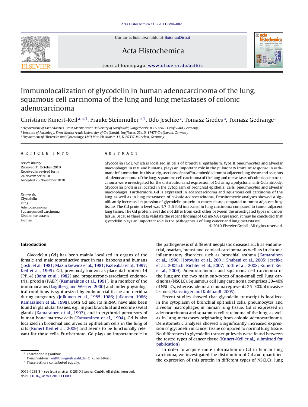 Immunolocalization of glycodelin in human adenocarcinoma of the lung, squamous cell carcinoma of the lung and lung metastases of colonic adenocarcinoma