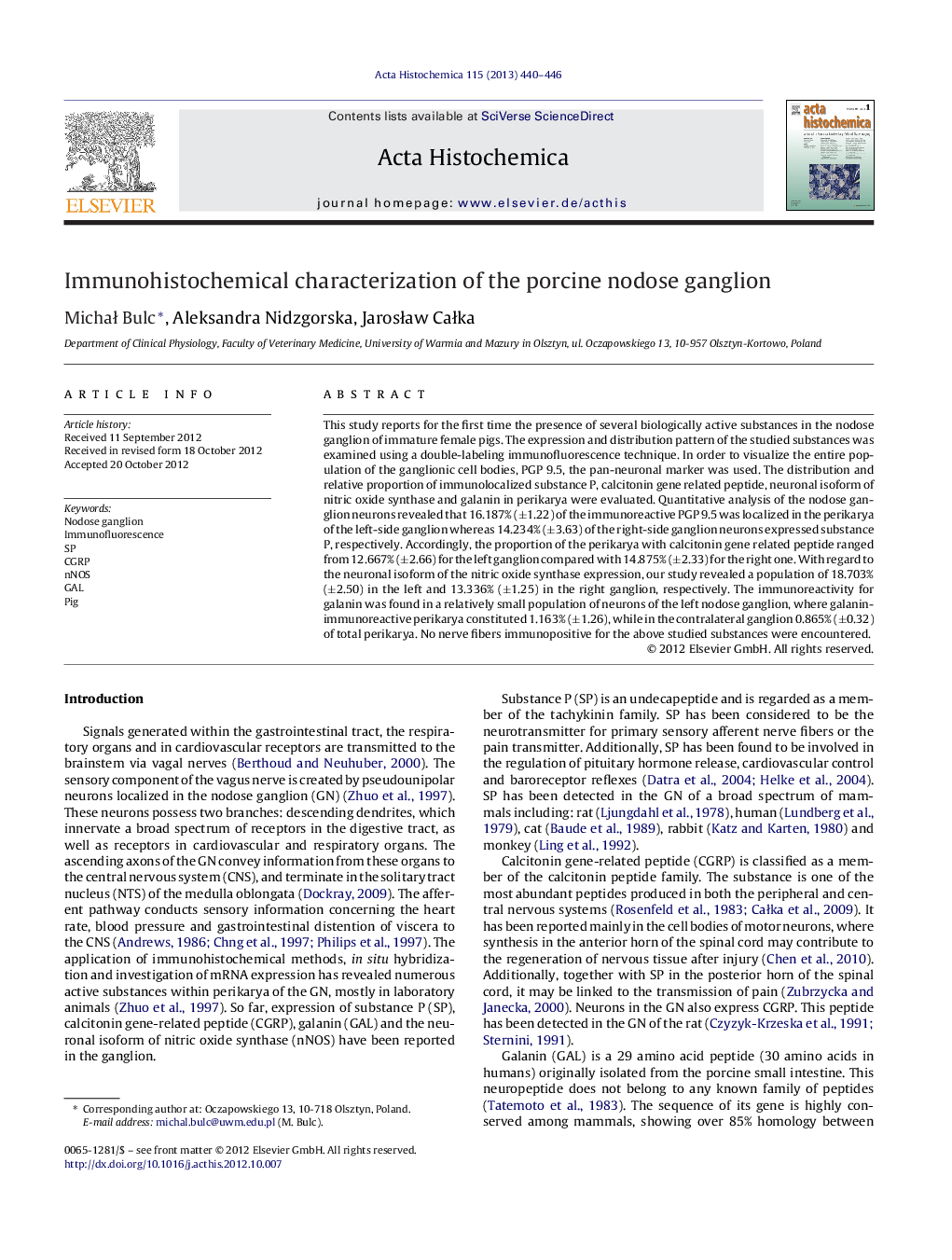 Immunohistochemical characterization of the porcine nodose ganglion