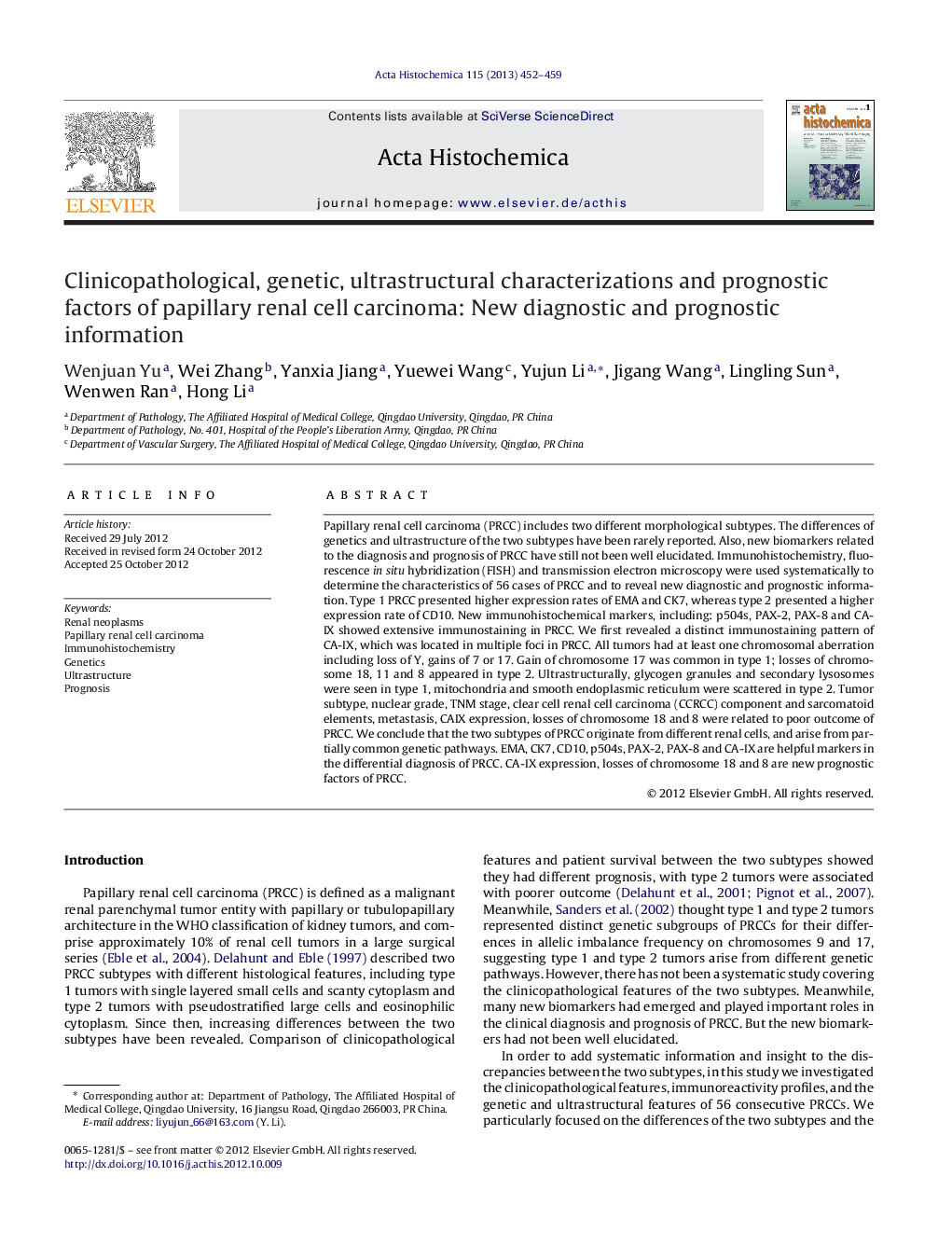 Clinicopathological, genetic, ultrastructural characterizations and prognostic factors of papillary renal cell carcinoma: New diagnostic and prognostic information