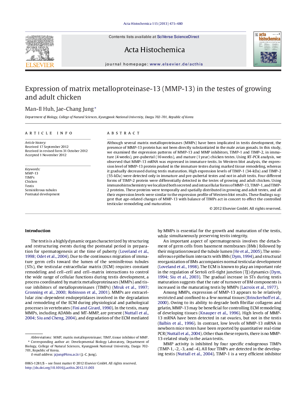 Expression of matrix metalloproteinase-13 (MMP-13) in the testes of growing and adult chicken