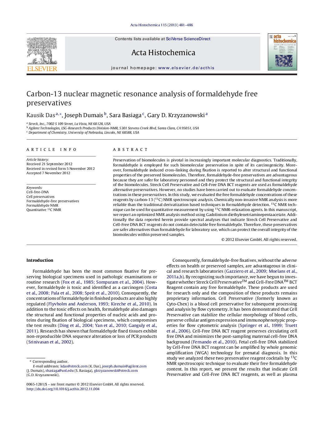 Carbon-13 nuclear magnetic resonance analysis of formaldehyde free preservatives