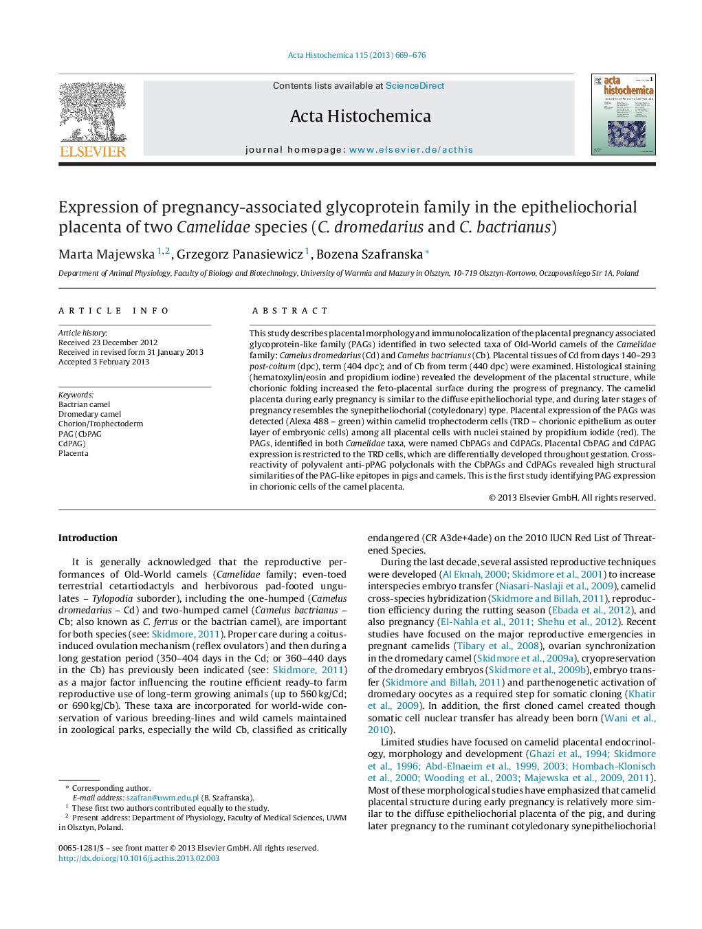 Expression of pregnancy-associated glycoprotein family in the epitheliochorial placenta of two Camelidae species (C. dromedarius and C. bactrianus)