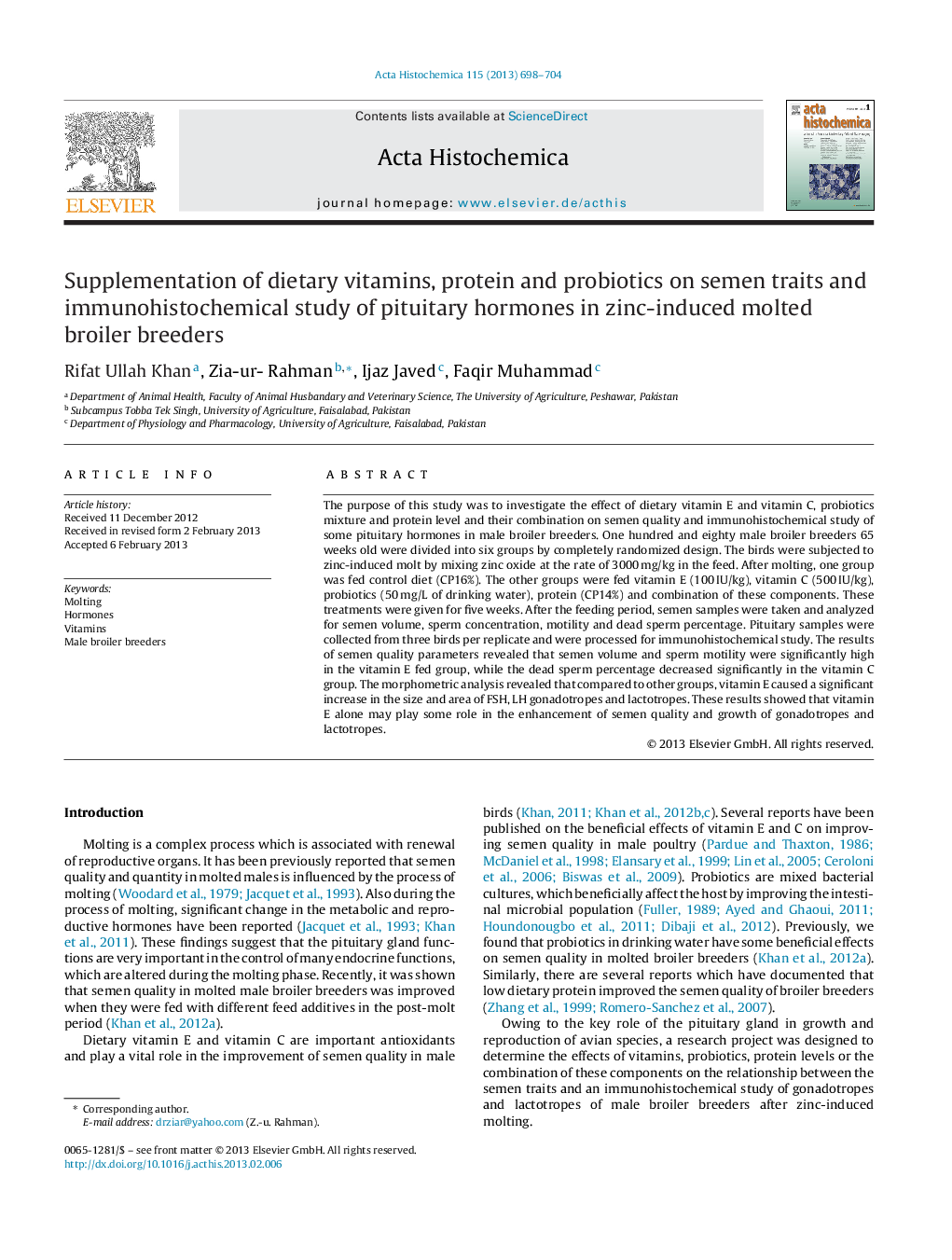 Supplementation of dietary vitamins, protein and probiotics on semen traits and immunohistochemical study of pituitary hormones in zinc-induced molted broiler breeders