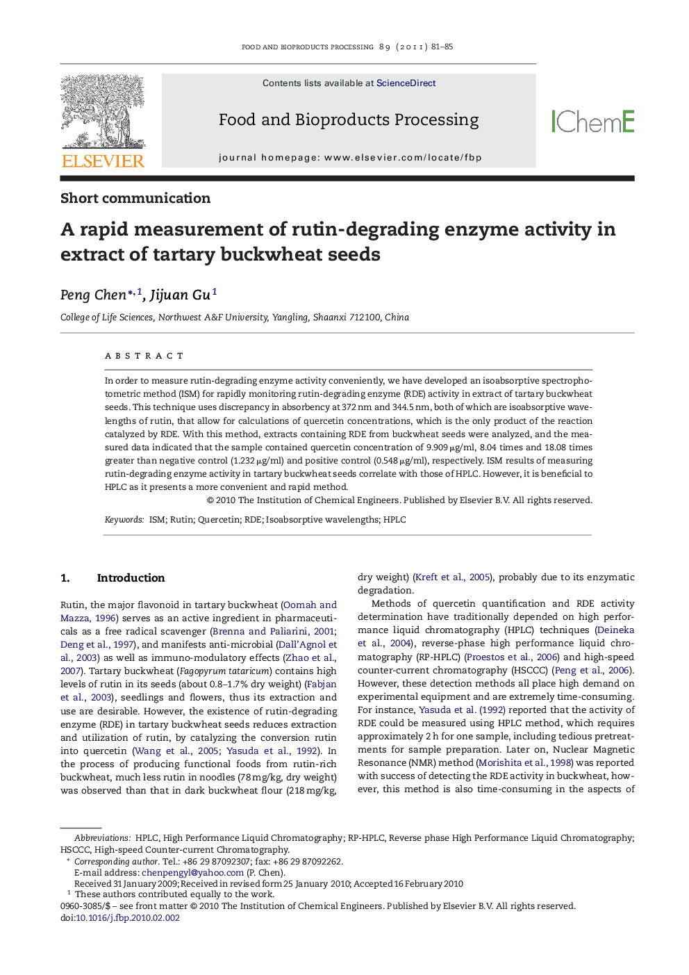 A rapid measurement of rutin-degrading enzyme activity in extract of tartary buckwheat seeds