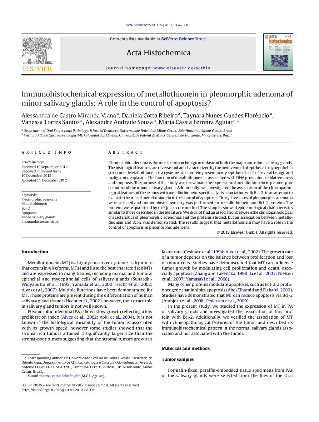 Immunohistochemical expression of metallothionein in pleomorphic adenoma of minor salivary glands: A role in the control of apoptosis?