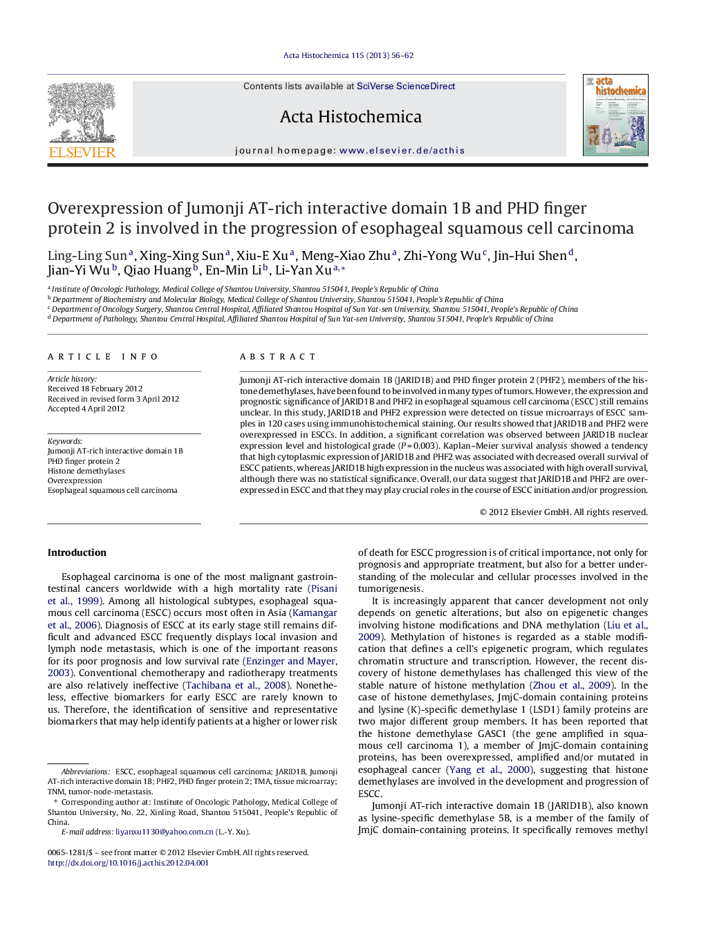 Overexpression of Jumonji AT-rich interactive domain 1B and PHD finger protein 2 is involved in the progression of esophageal squamous cell carcinoma