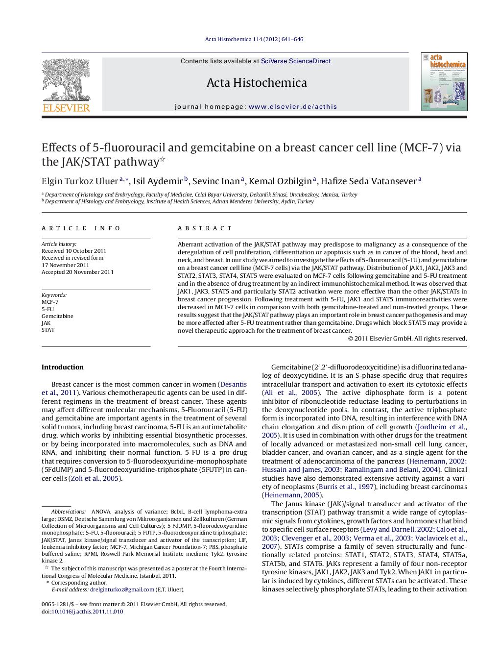 Effects of 5-fluorouracil and gemcitabine on a breast cancer cell line (MCF-7) via the JAK/STAT pathway 