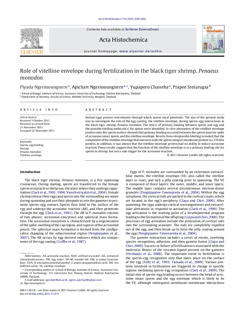 Role of vitelline envelope during fertilization in the black tiger shrimp, Penaeus monodon