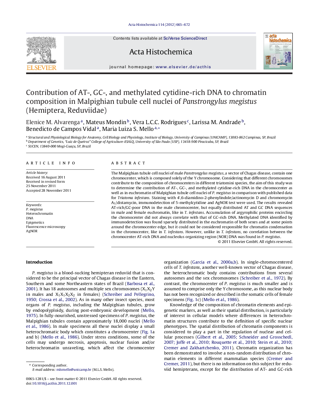 Contribution of AT-, GC-, and methylated cytidine-rich DNA to chromatin composition in Malpighian tubule cell nuclei of Panstrongylus megistus (Hemiptera, Reduviidae)