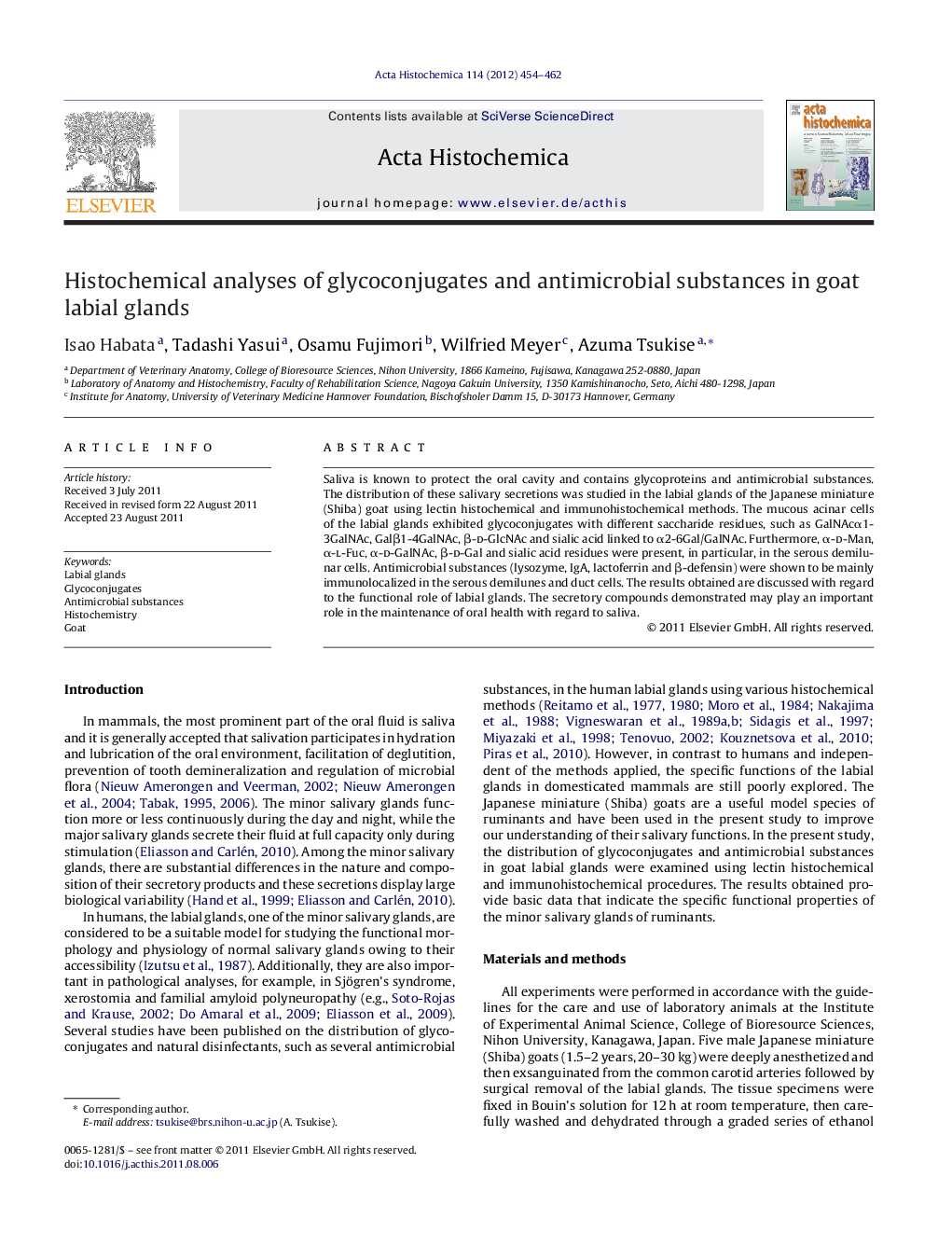 Histochemical analyses of glycoconjugates and antimicrobial substances in goat labial glands