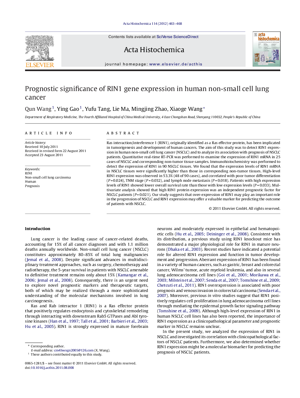 Prognostic significance of RIN1 gene expression in human non-small cell lung cancer