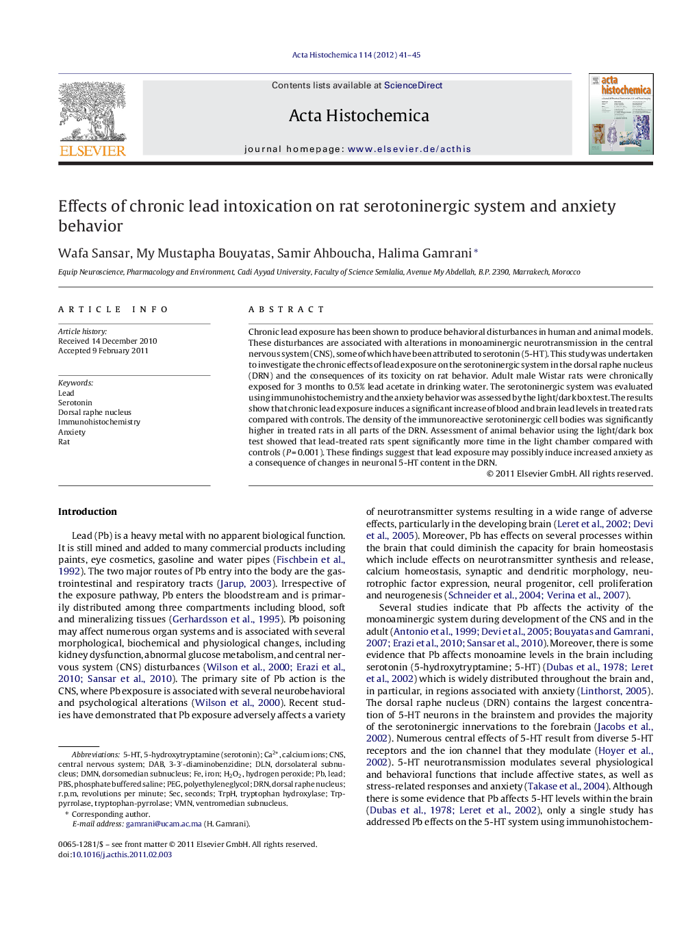 Effects of chronic lead intoxication on rat serotoninergic system and anxiety behavior