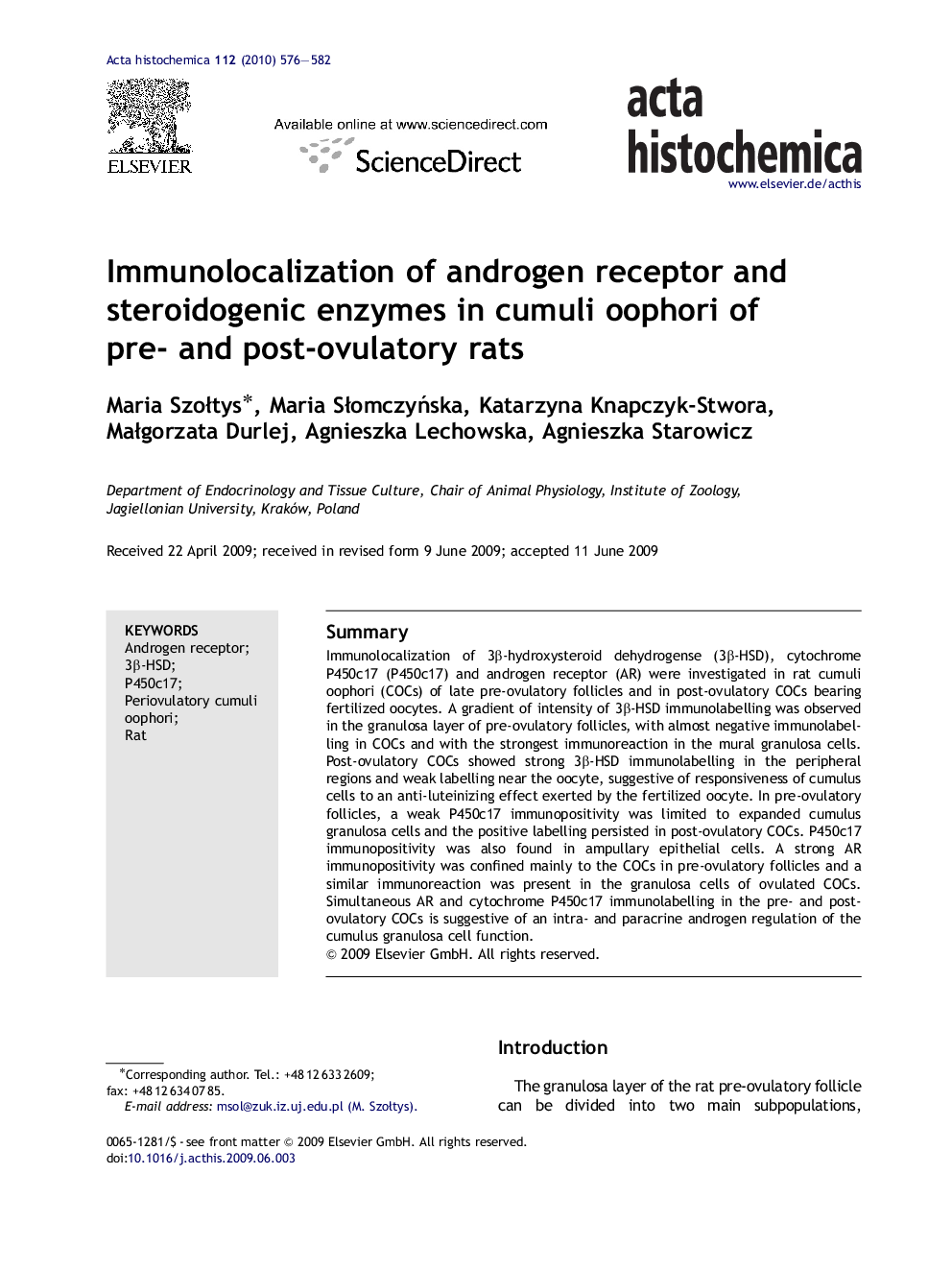 Immunolocalization of androgen receptor and steroidogenic enzymes in cumuli oophori of pre- and post-ovulatory rats