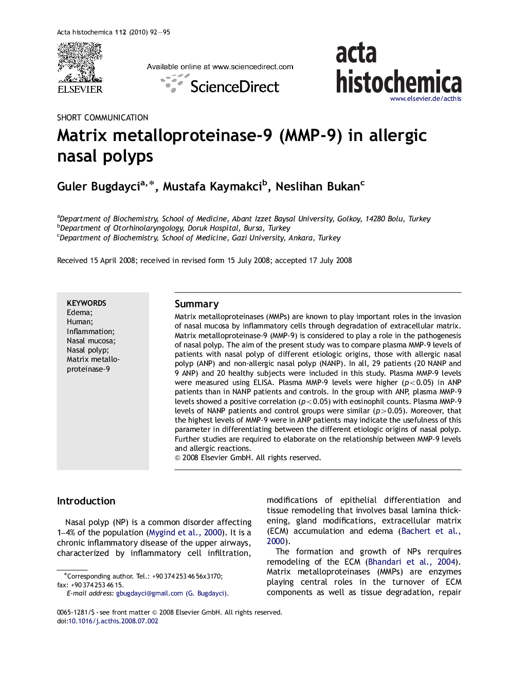 Matrix metalloproteinase-9 (MMP-9) in allergic nasal polyps