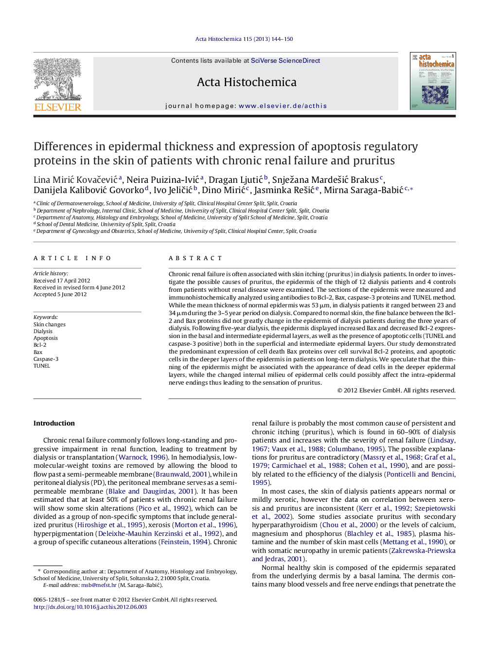 Differences in epidermal thickness and expression of apoptosis regulatory proteins in the skin of patients with chronic renal failure and pruritus