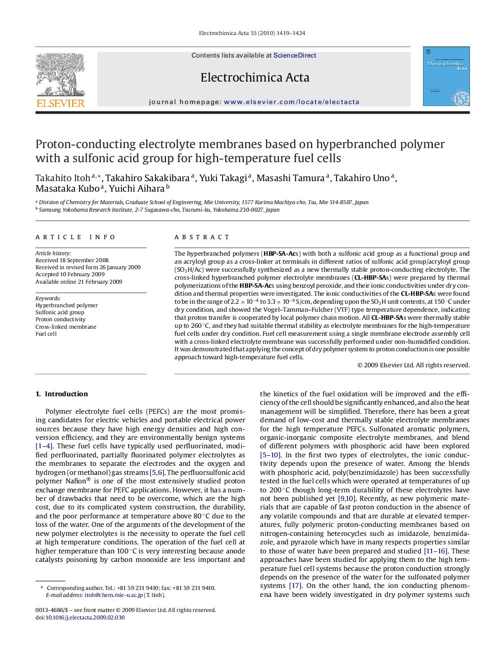 Proton-conducting electrolyte membranes based on hyperbranched polymer with a sulfonic acid group for high-temperature fuel cells