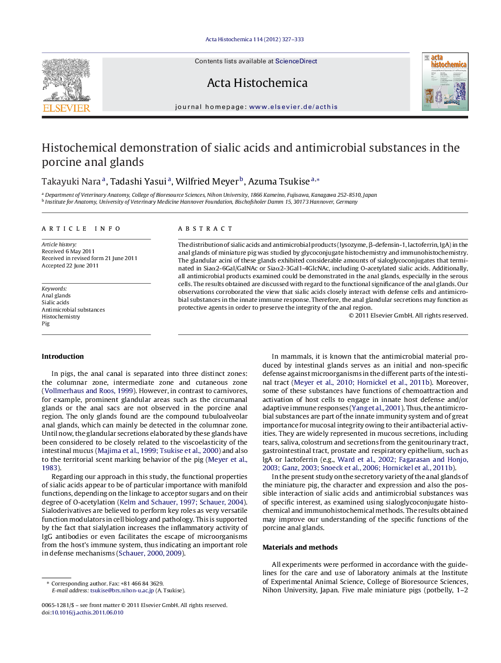 Histochemical demonstration of sialic acids and antimicrobial substances in the porcine anal glands