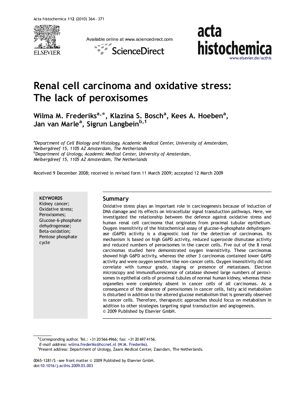 Renal cell carcinoma and oxidative stress: The lack of peroxisomes