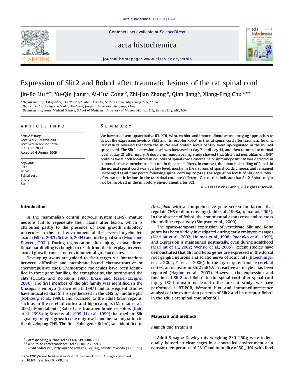 Expression of Slit2 and Robo1 after traumatic lesions of the rat spinal cord