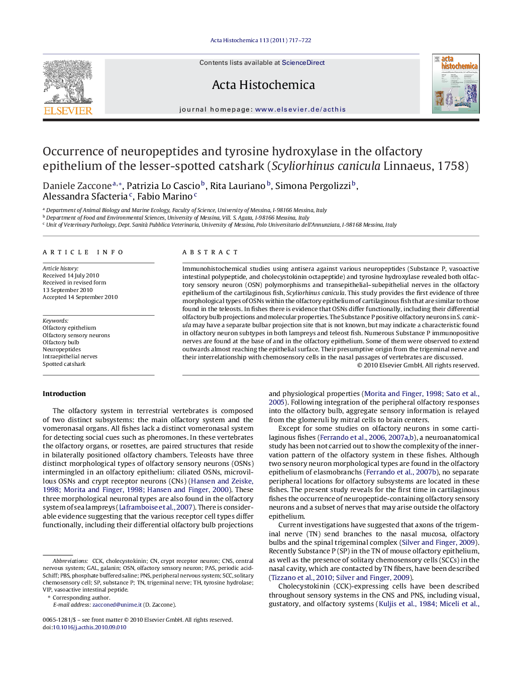 Occurrence of neuropeptides and tyrosine hydroxylase in the olfactory epithelium of the lesser-spotted catshark (Scyliorhinus canicula Linnaeus, 1758)