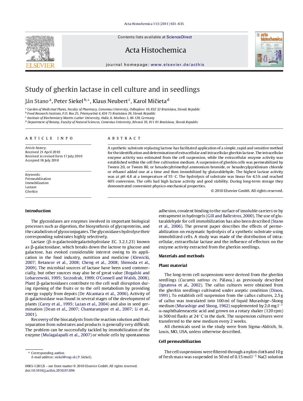 عکس صفحه اول مقاله: Study of gherkin lactase in cell culture and in seedlings Study of gherkin lactase in cell culture and in seedlings