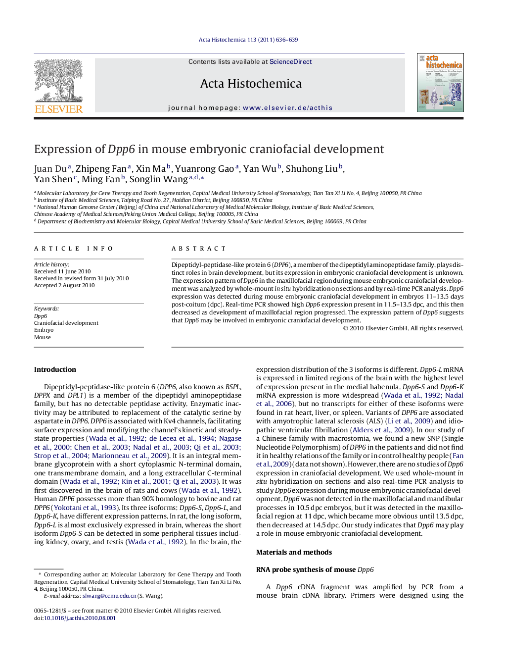 Expression of Dpp6 in mouse embryonic craniofacial development