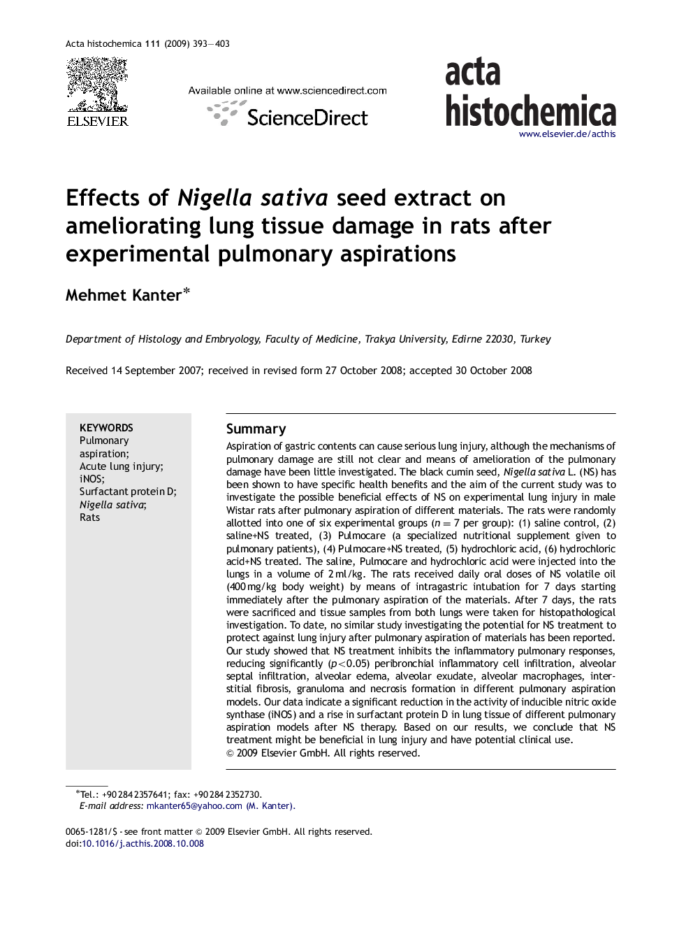 Effects of Nigella sativa seed extract on ameliorating lung tissue damage in rats after experimental pulmonary aspirations