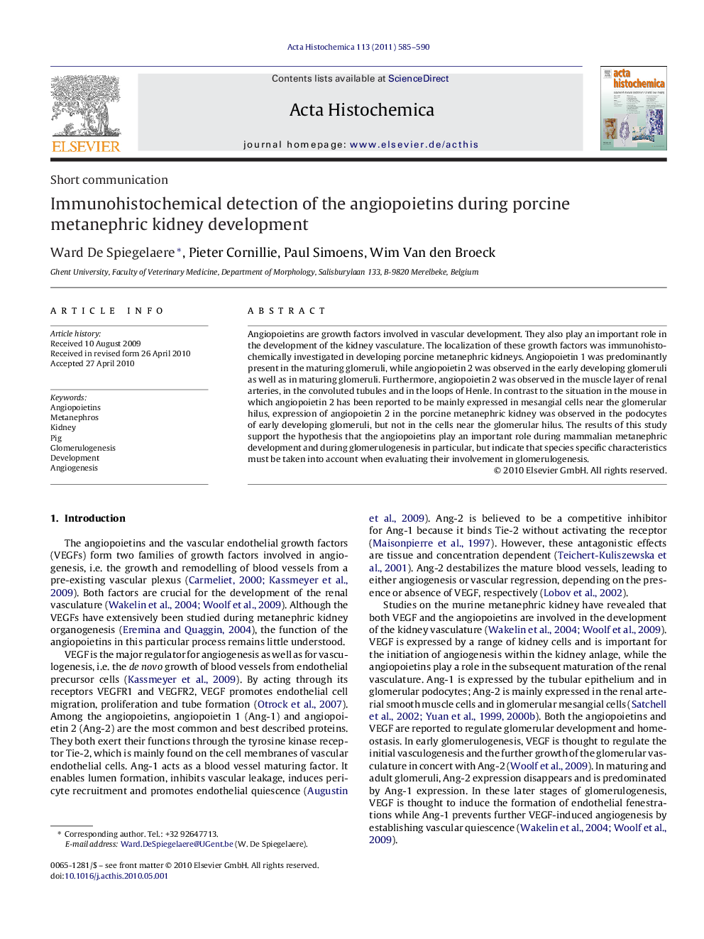 Immunohistochemical detection of the angiopoietins during porcine metanephric kidney development