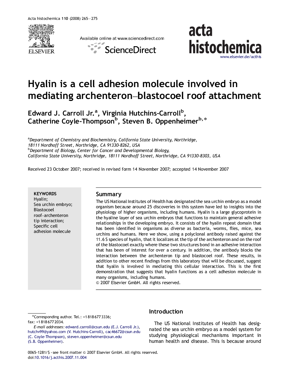 Hyalin is a cell adhesion molecule involved in mediating archenteron–blastocoel roof attachment